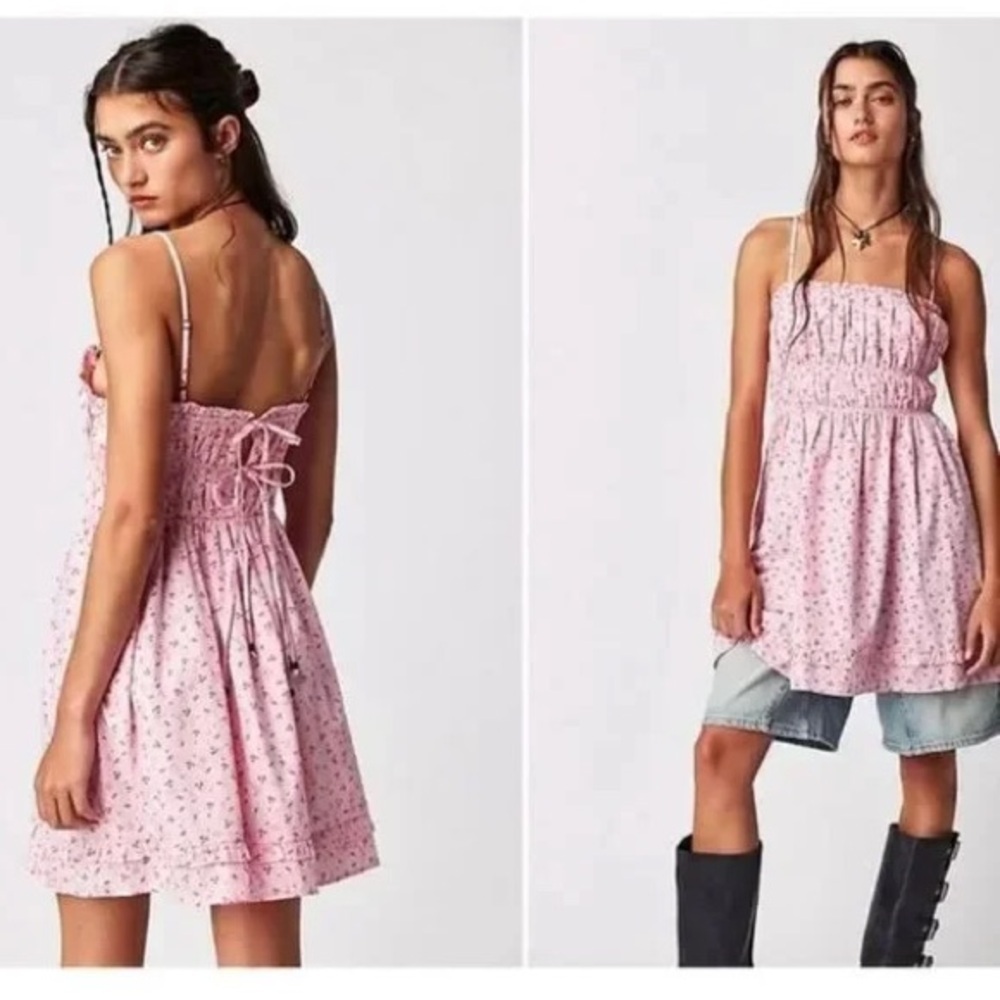 free people gabby mini dress M pink cherry print 🍒
